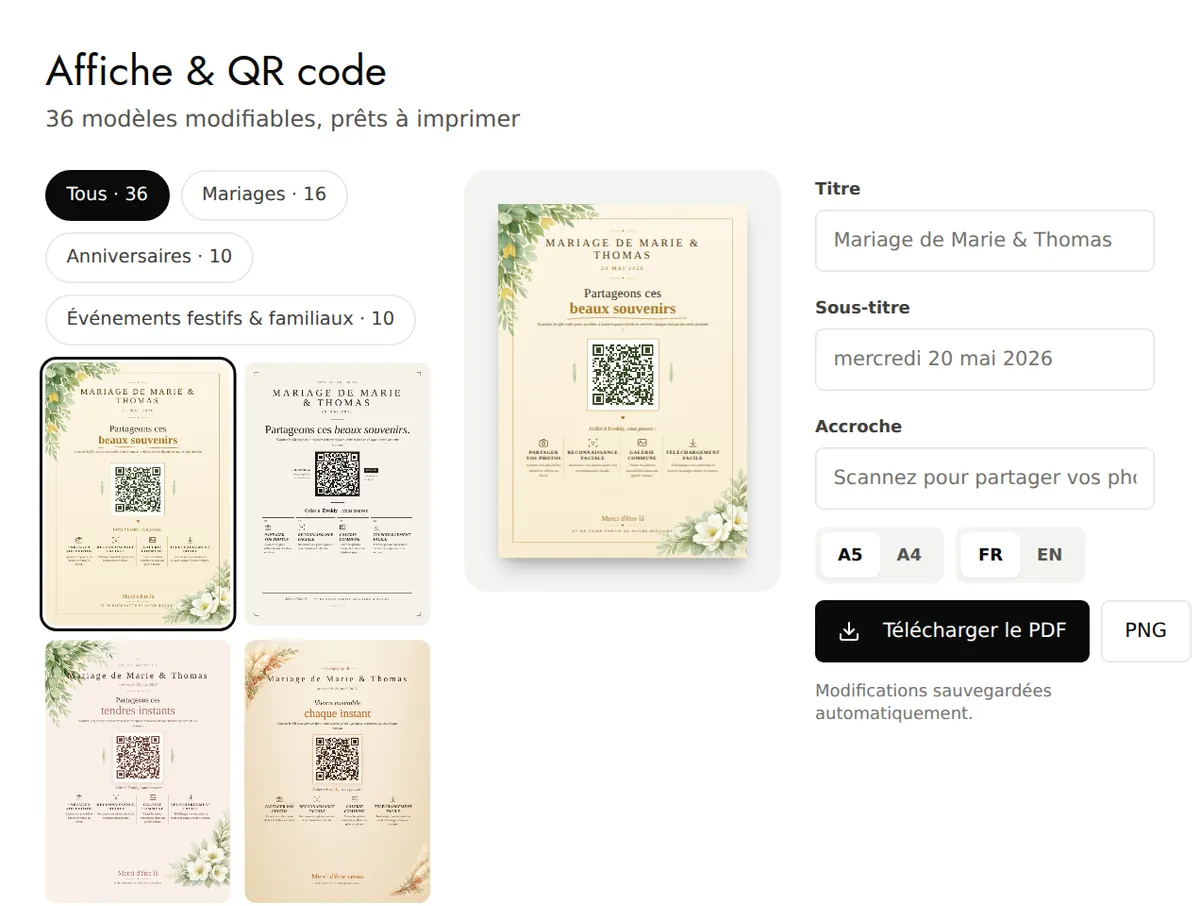 Page Affiche & QR code : modèles d'affiche, aperçu, textes modifiables et Télécharger le PDF