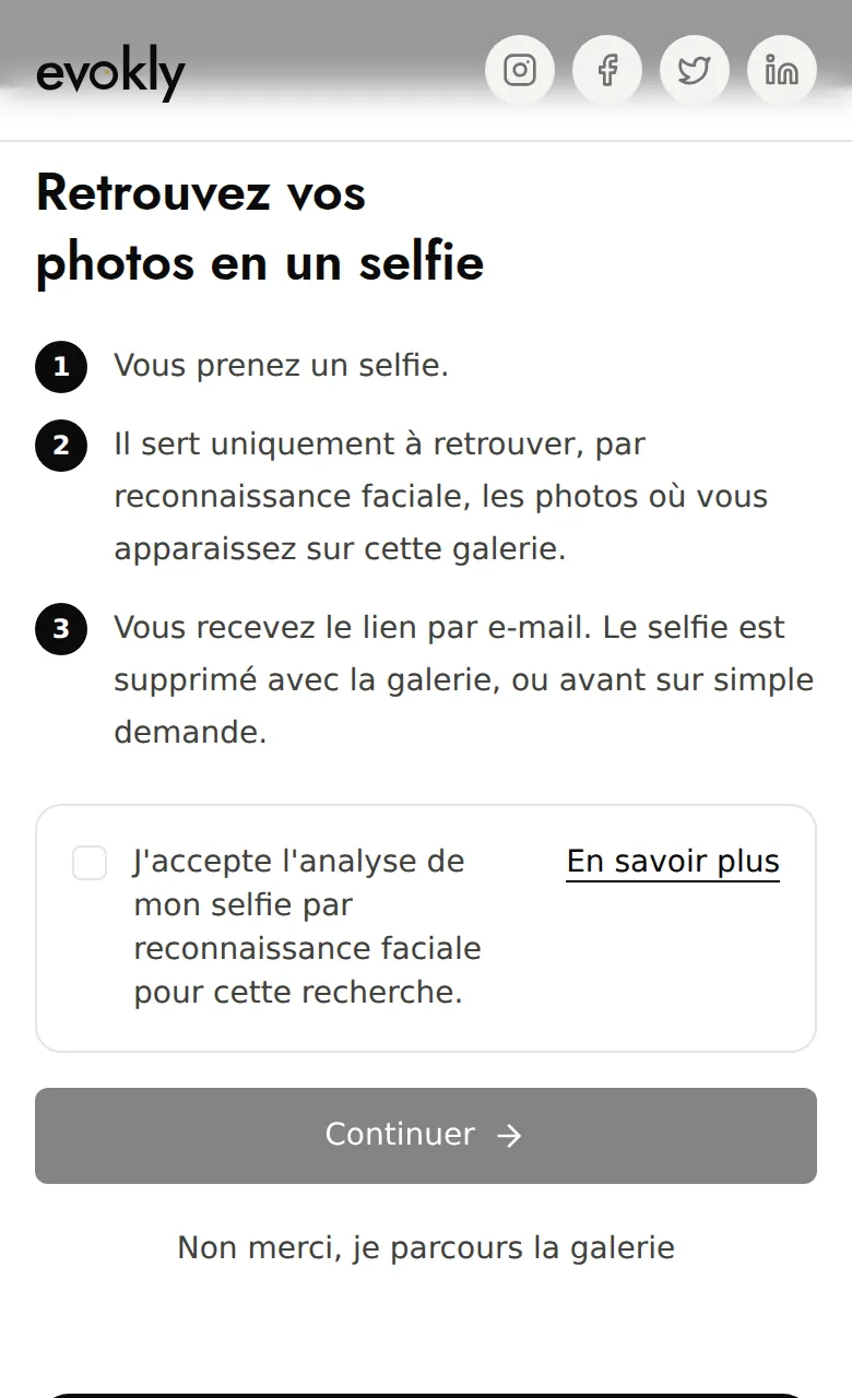 Écran de consentement de la recherche par selfie : trois étapes, case à cocher et Continuer