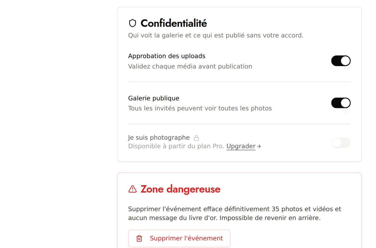 Section Confidentialité des réglages : Approbation des uploads et Galerie publique
