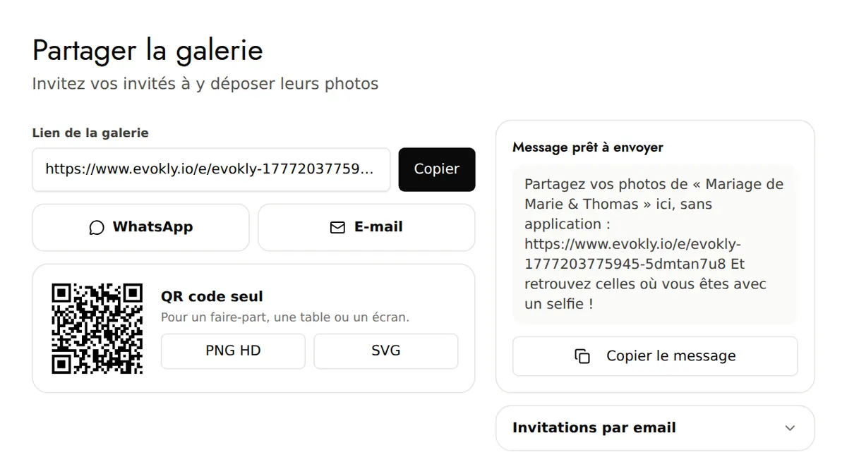 Page Partager : lien de la galerie, WhatsApp, e-mail, QR code seul et message prêt à envoyer